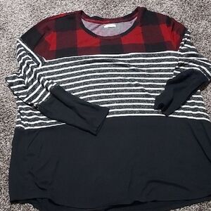 Red Plaid and Striped Long Sleeve Top